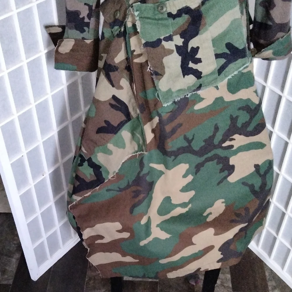 Upcycle / Refurbished Camouflage Asymmetrical Long Sleeve Maxi Dress - Picture 12 of 16